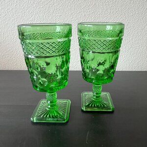 Vintage McKee Opal Green Water Glasses // Set of 2 // 1950s Thumbprint Goblets